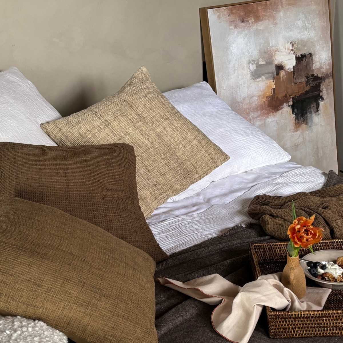Cojín de algodón beige cuadrado Waffle 50x50