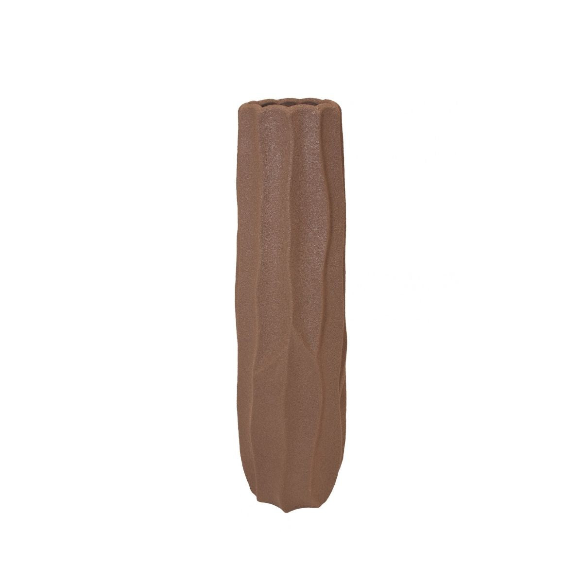 Jarrón decorativo alto marrón con acabado texturizado y diseño irregular.