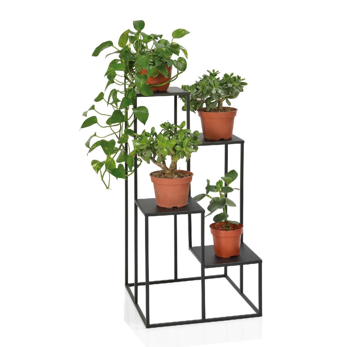 Soporte para plantas con varias alturas de metal y de color negro
