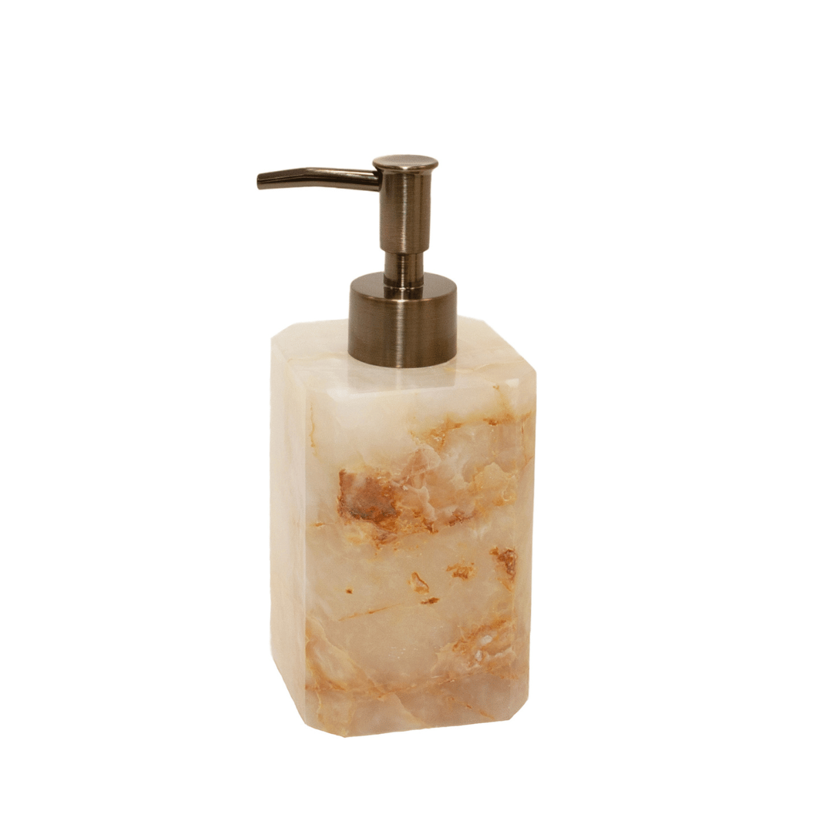 Dispensador de jabón efecto mármol en tonos crema con vetas naturales y dosificador metálico