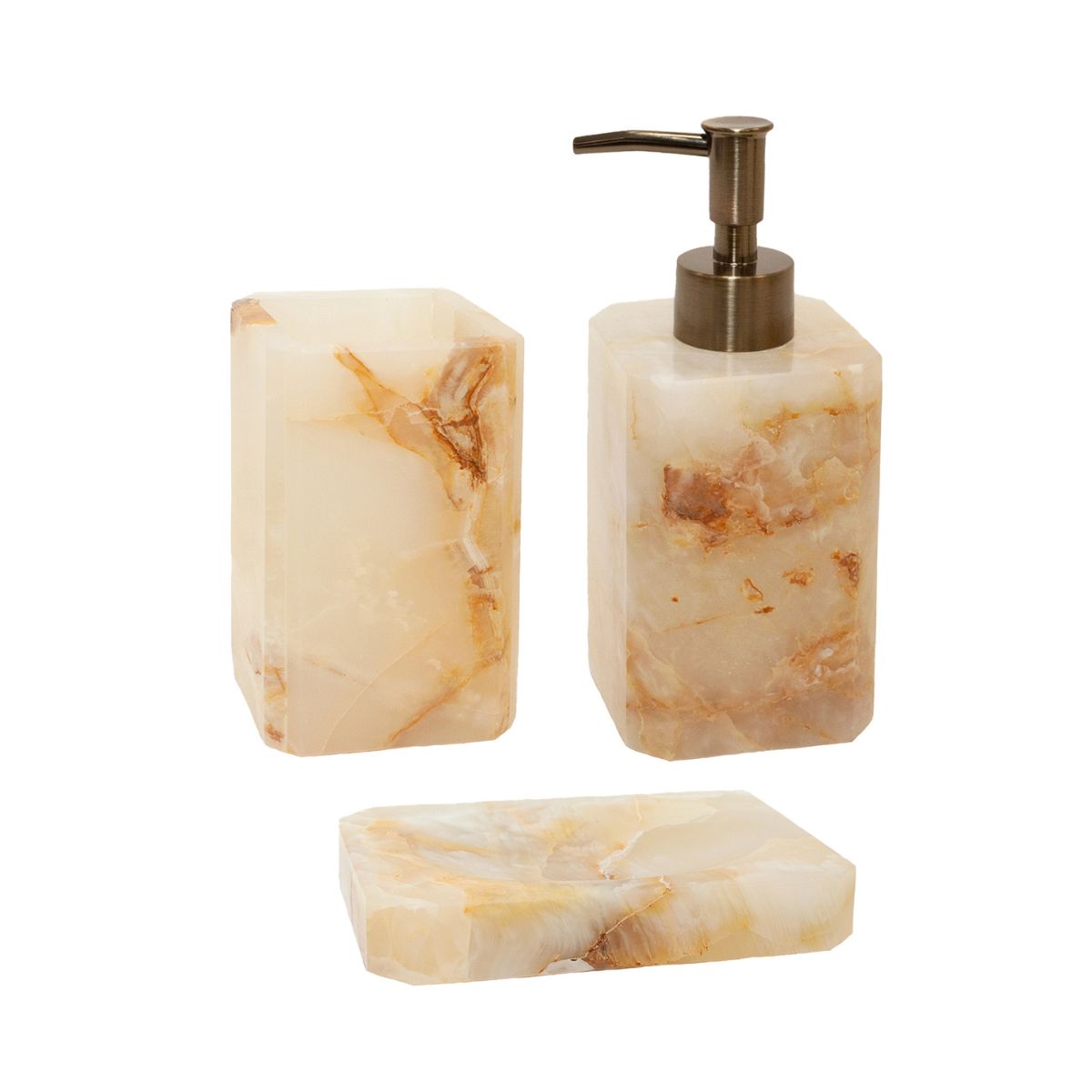 Set de baño efecto mármol en tonos crema, con portacepillos, dispensador de jabón y jabonera