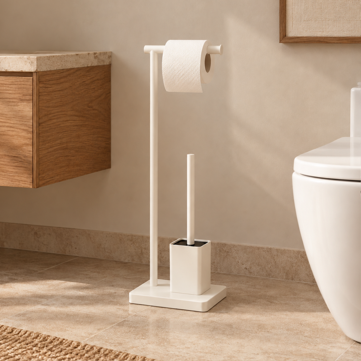 Soporte de pie para papel higiénico y escobilla de metal blanco roto en baño de estilo mediterráneo y tonos neutros.