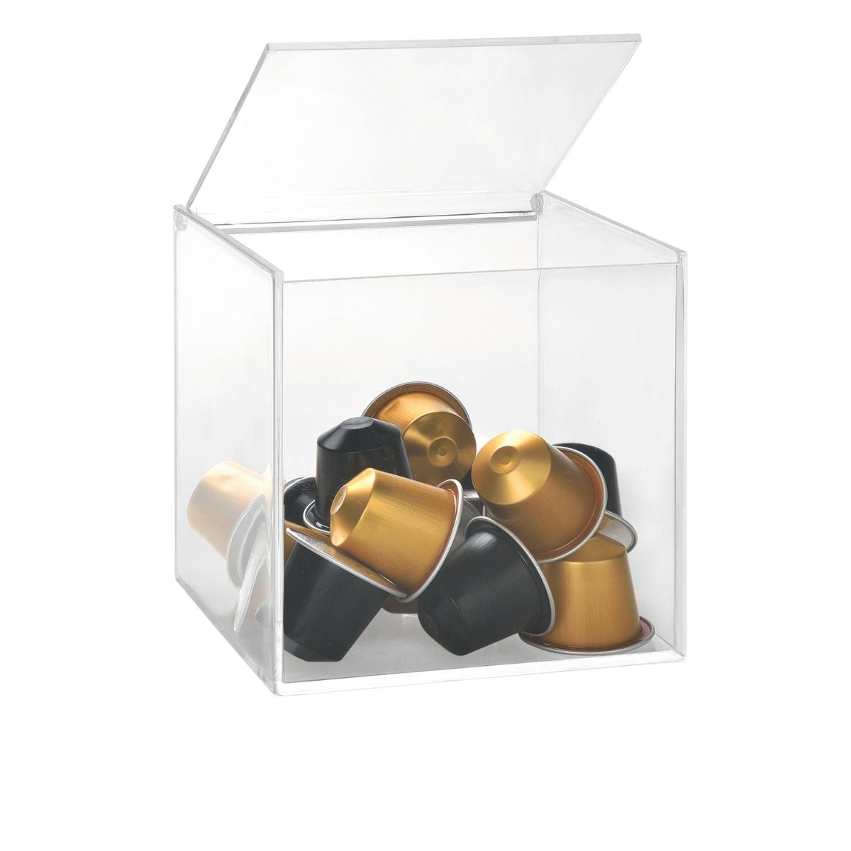 Caja transparente para cápsulas de café con tapa abatible abierta.
