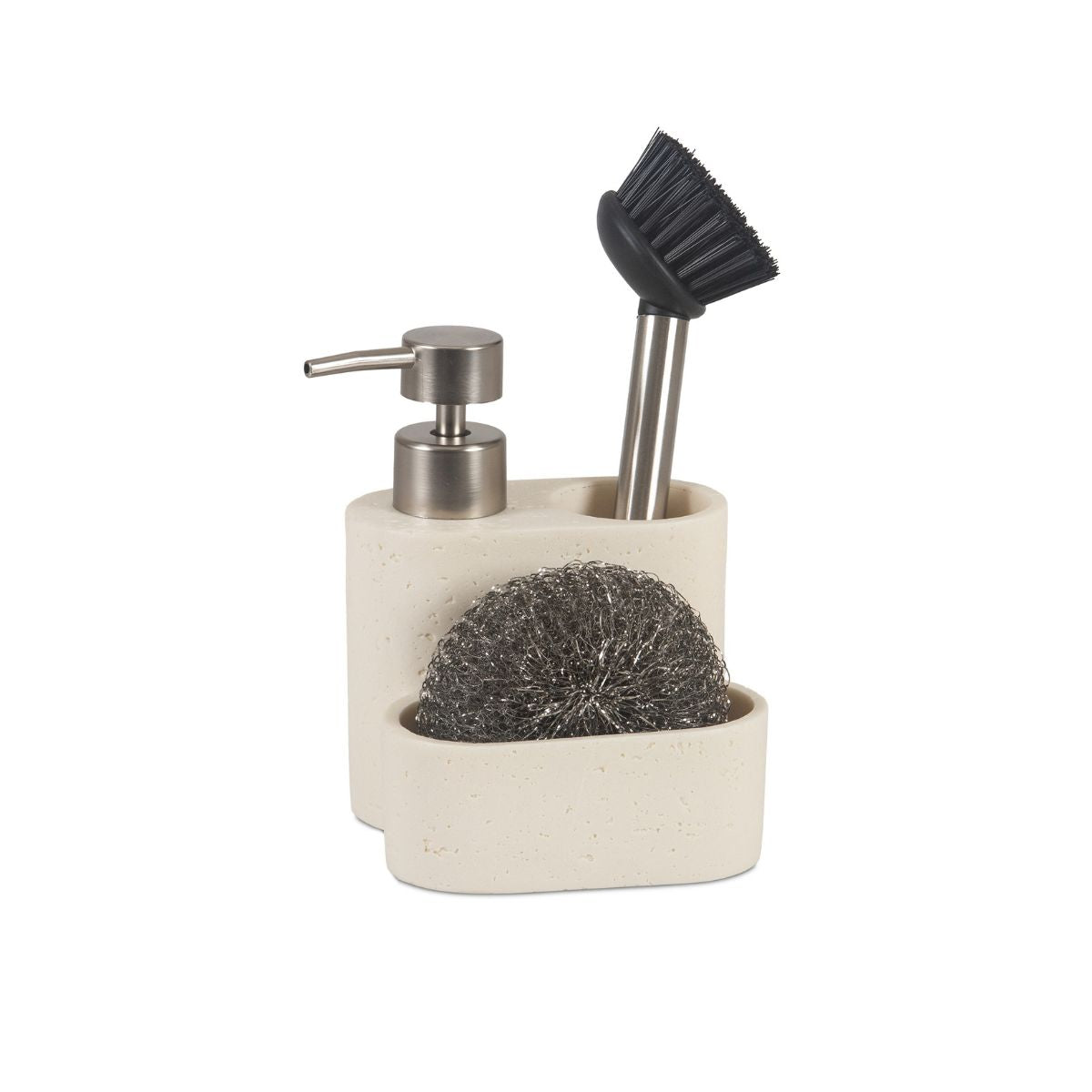 Organizador de fregadero beige con dispensador, cepillo de limpieza y estropajo metálico.