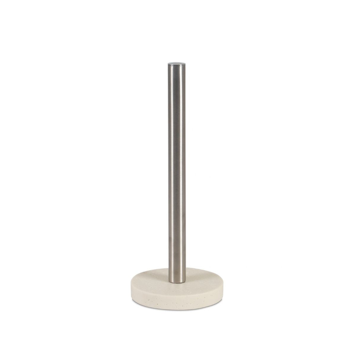 Portarrollos de cocina con base redonda beige de efecto travertino y soporte vertical de acero inoxidable.