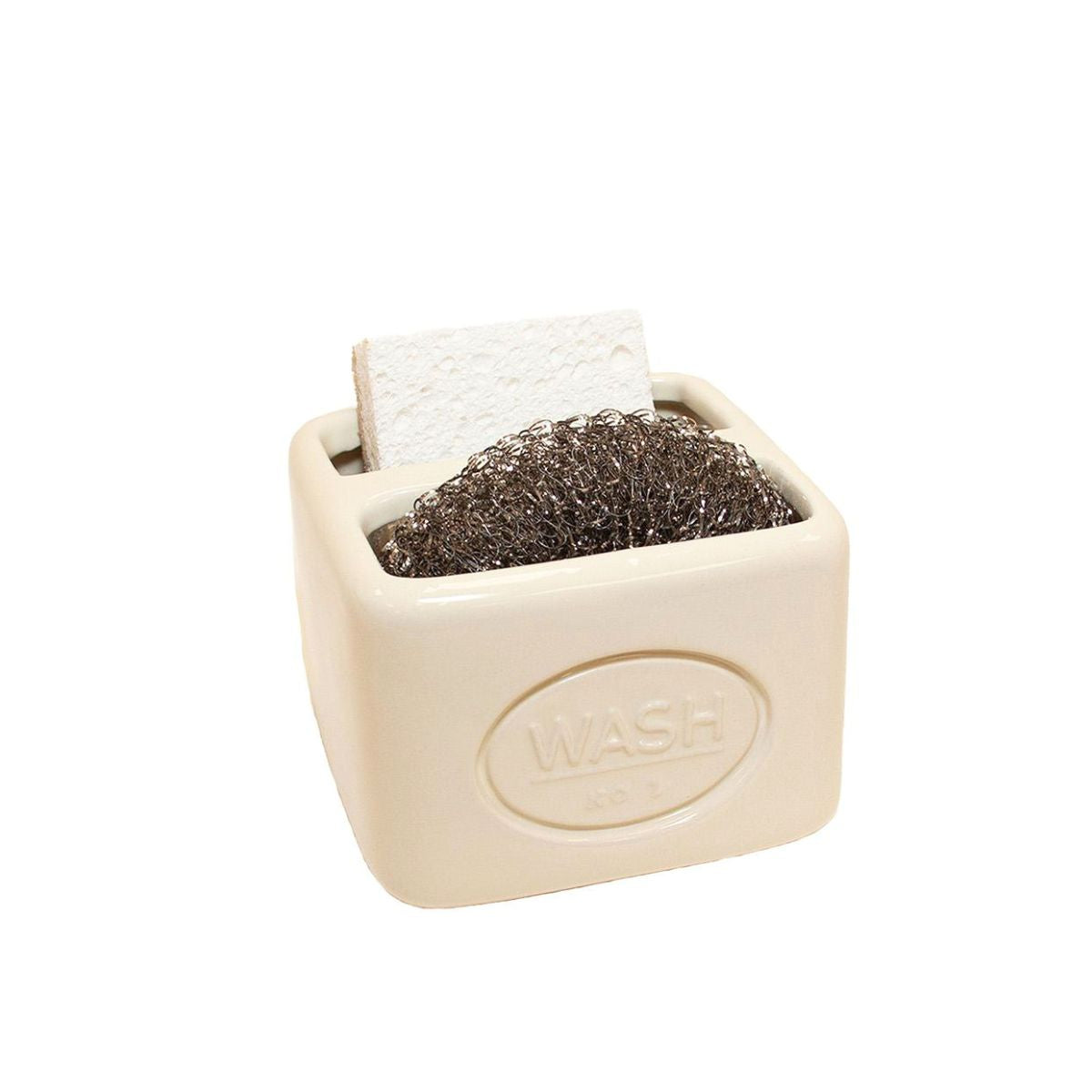 Organizador de fregadero de cerámica en color crema con compartimentos para esponja y estropajo