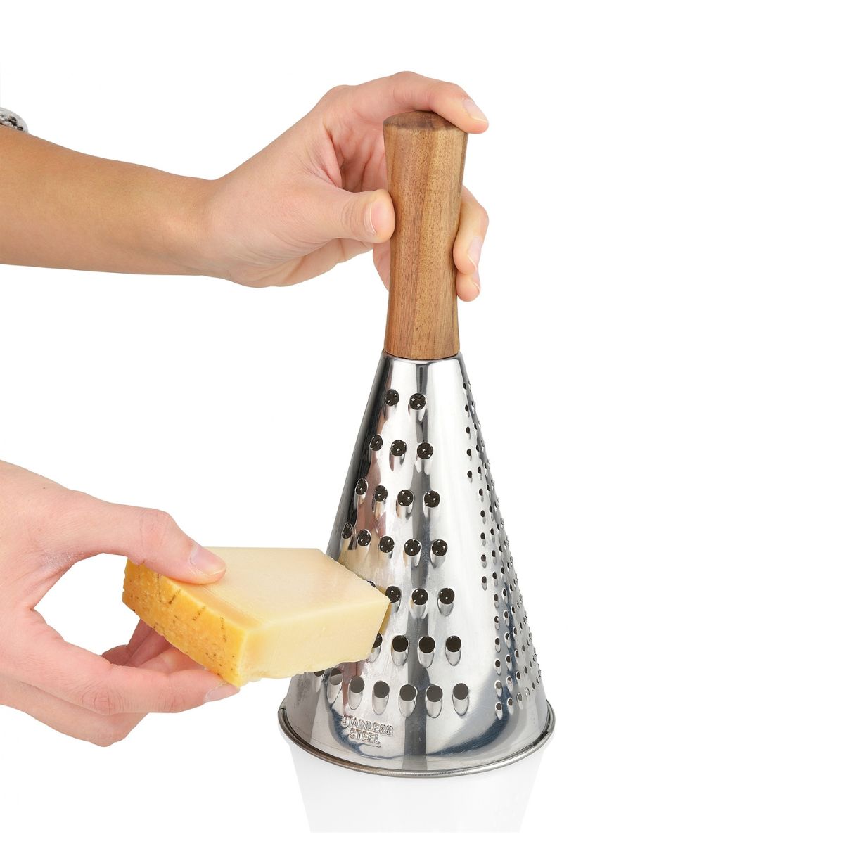 Rallador de Queso Cónico de Acero Inoxidable y Madera de Acacia