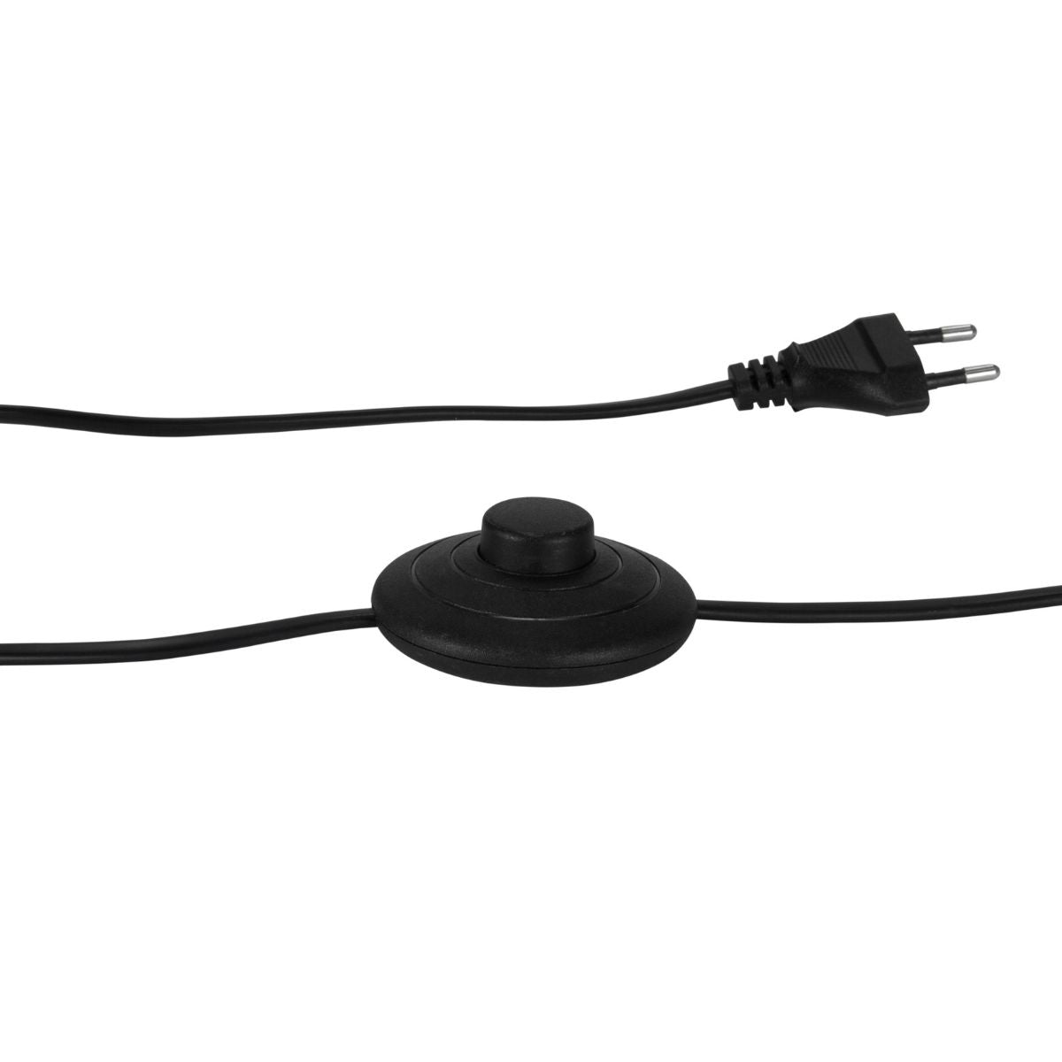 Cable negro con interruptor de pie y enchufe para lámpara de pie.