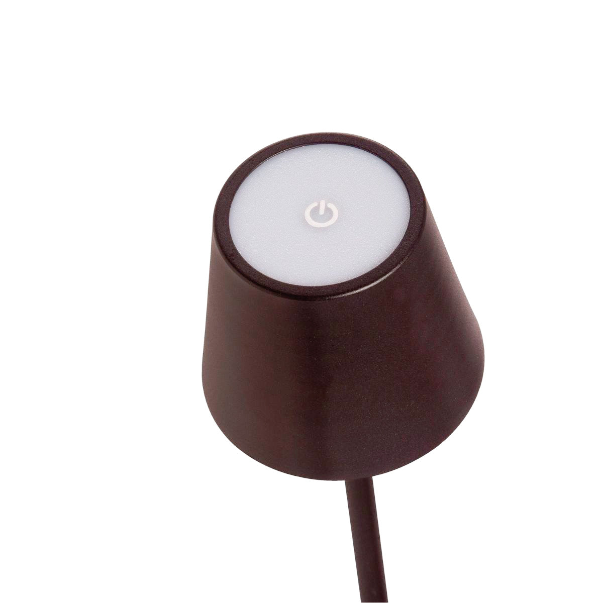 Detalle superior de lámpara de sobremesa marrón con botón táctil de encendido.