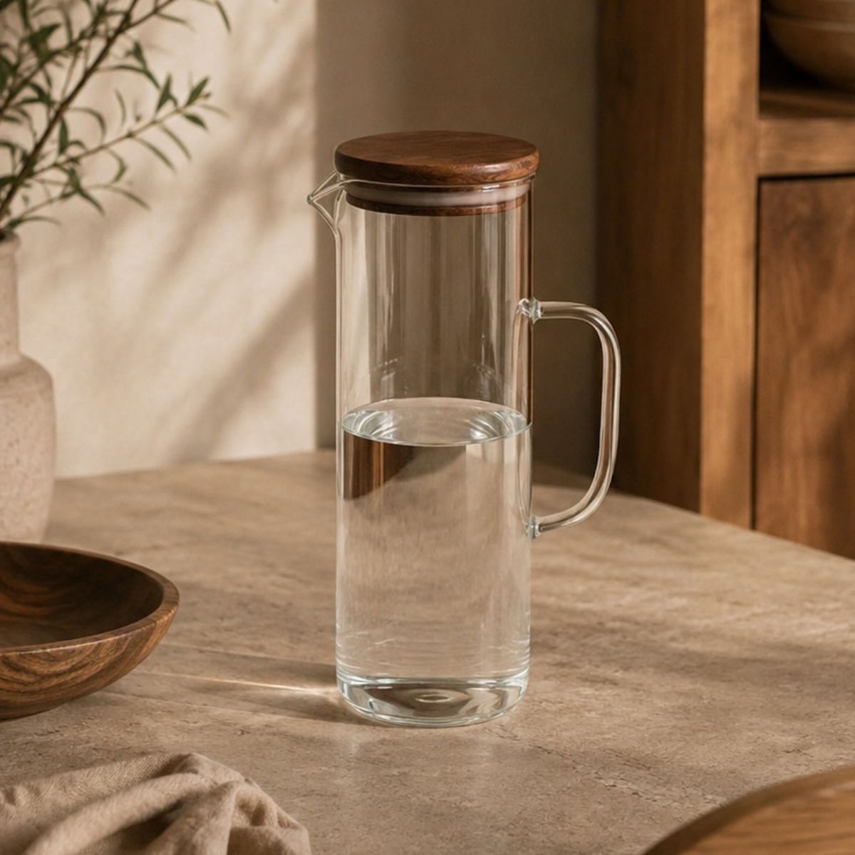 Jarra de agua de vidrio transparente con tapa de madera sobre mesa en ambiente de comedor.