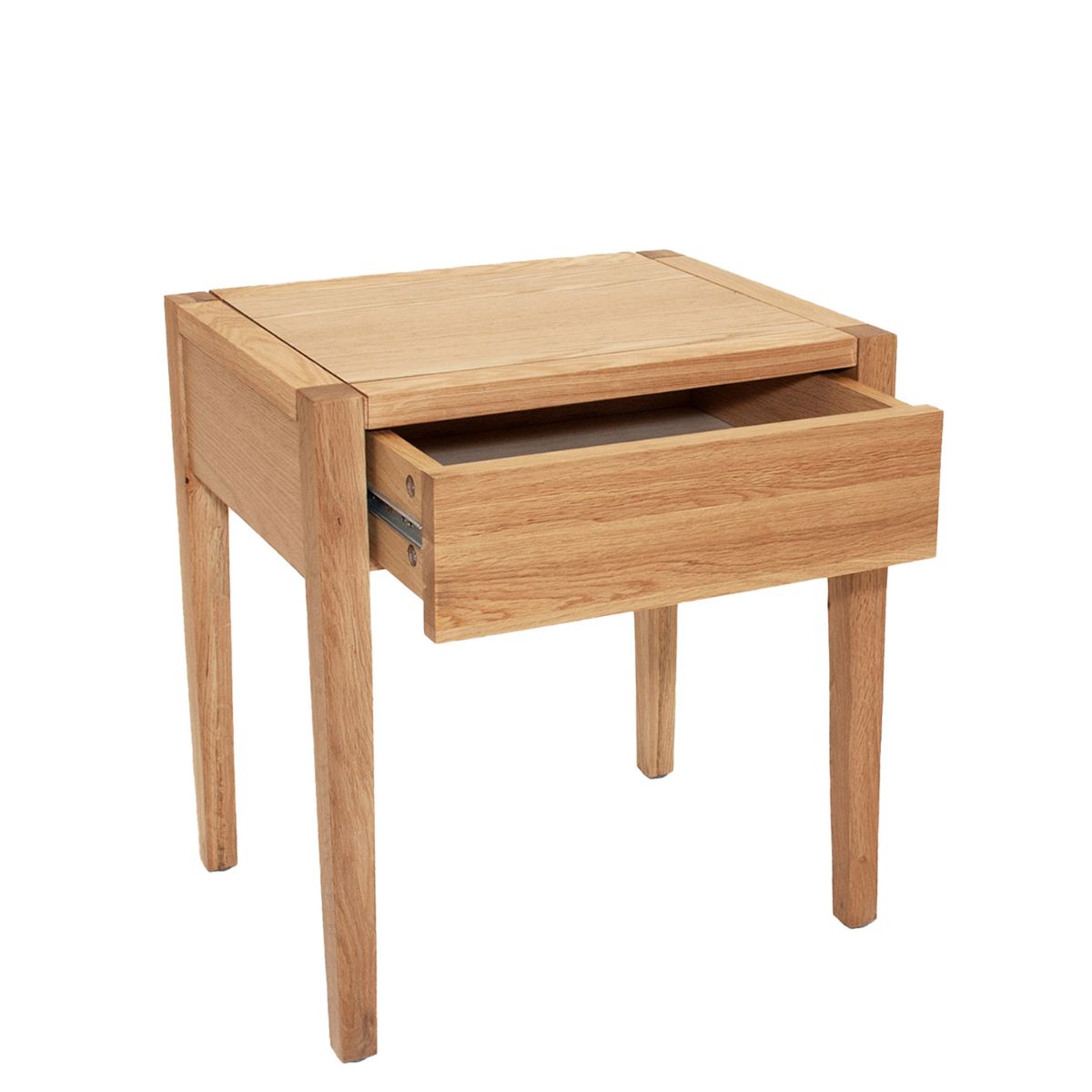 Mesa auxiliar de roble con cajón abierto